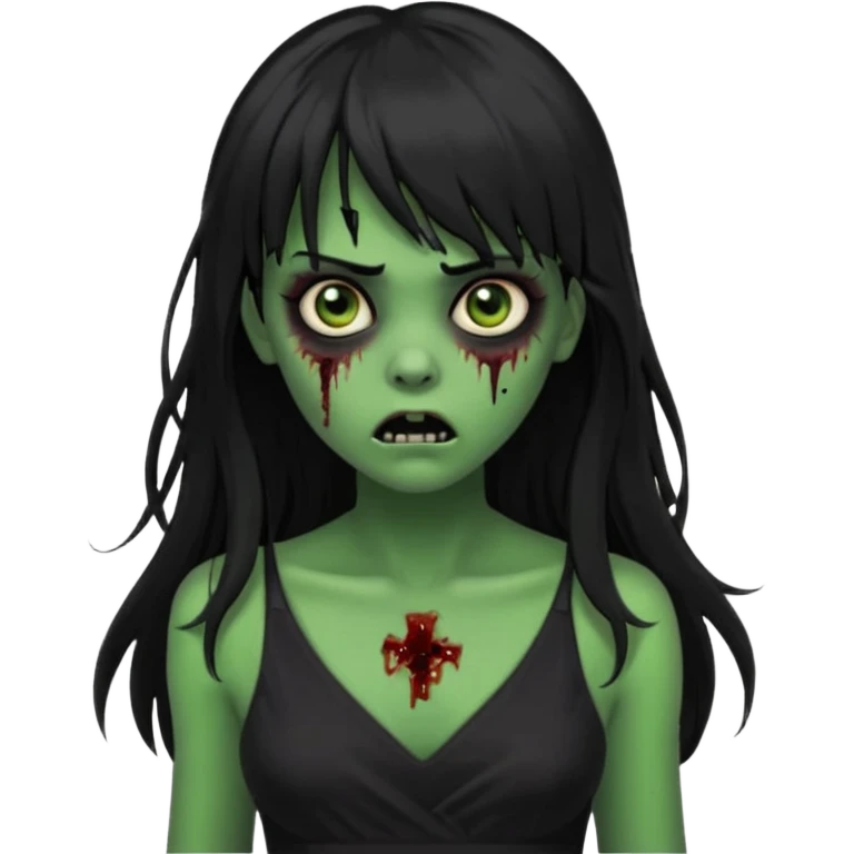 faça uma garota na forma de zumbi com a pele verde, assustada e com os olhos pretos escuros, com o cabelo preto longo e com franja e a roupa decotada preta emoji