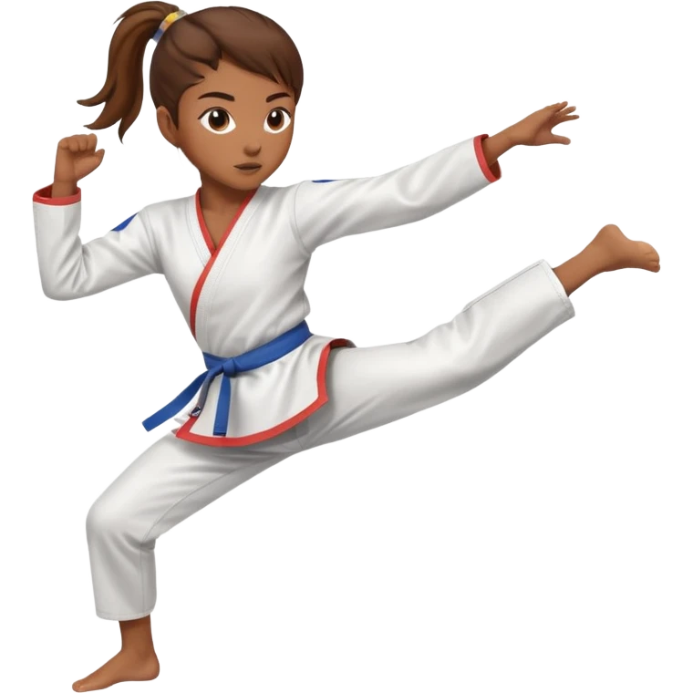 brown-skinned girl with brown hair in a ponytail doing a taekwondo kick emoji
