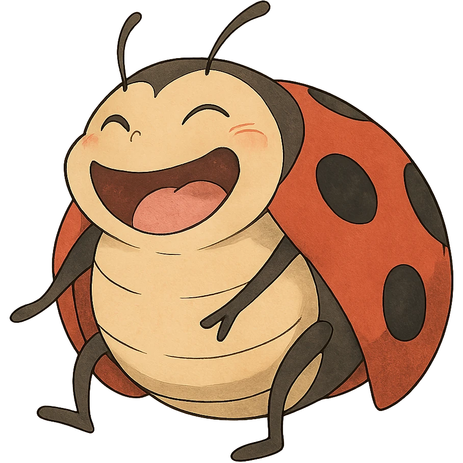 ghibli style laughing red bug with black points emoji