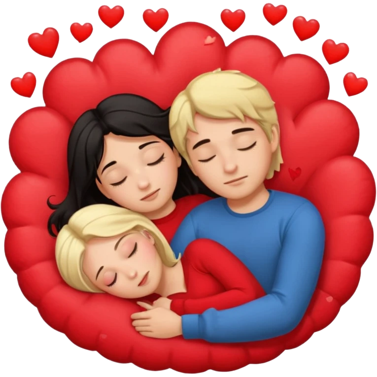Sleeping romance couple. man has dark hair. woman is blonde. hearts around them. emoji