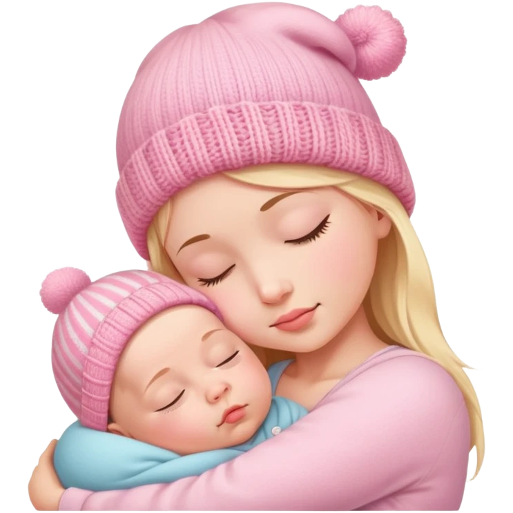 peaceful infant baby sleeping on mother's arm wearing cute pink knitted hat emoji