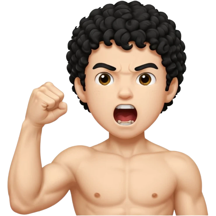 Emoji di ragazzo con capelli neri e ricci che urla e che fa vedere il muscolo del braccio e che fa questo gesto ✊🏻 emoji