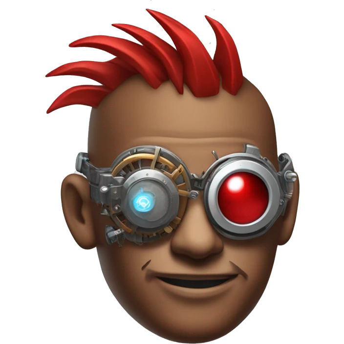 Brown cyborg head with red Mohawk, red beard. silver steampunk monocle goggles a smile and circuits emoji