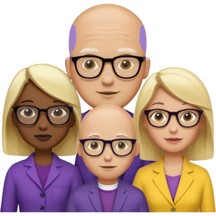 5 person team; 2 men and 3 women.  All dressed in yellow or purple.  Women have blonde and ash blonde hair.  1 man is black and bald, 1 man is caucasian and very little hair left.  All have glasses emoji