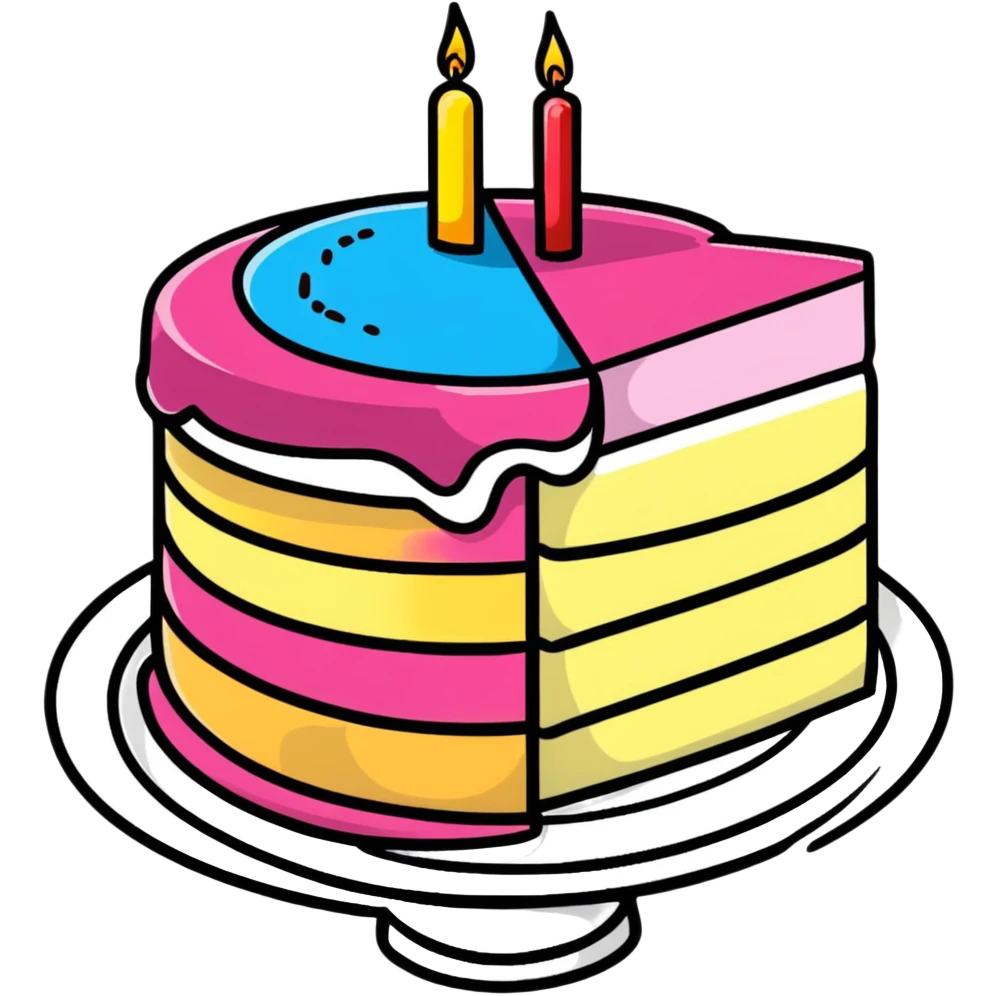colorful birthday cake with a slice missing, showing layers inside emoji