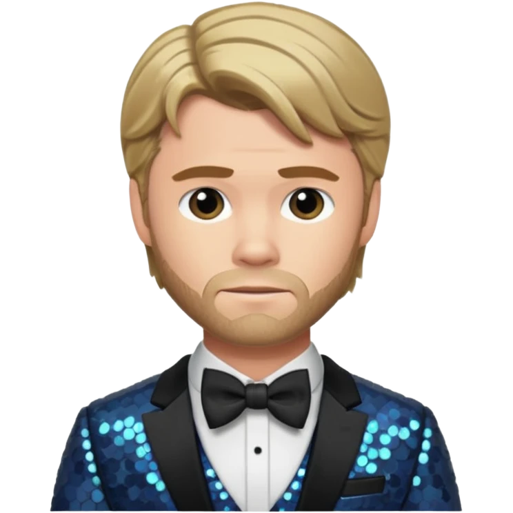 Chris Hemsworth with dark blonde hair, slate sequin suit with bow tie emoji