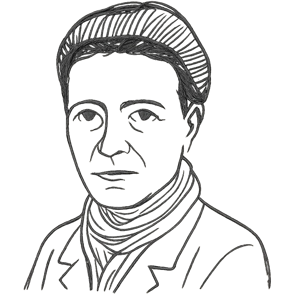 a hand drawn black outline portrait of philosopher Simone de Beauvoir with similar-sized eyes based a famous photograph of her emoji