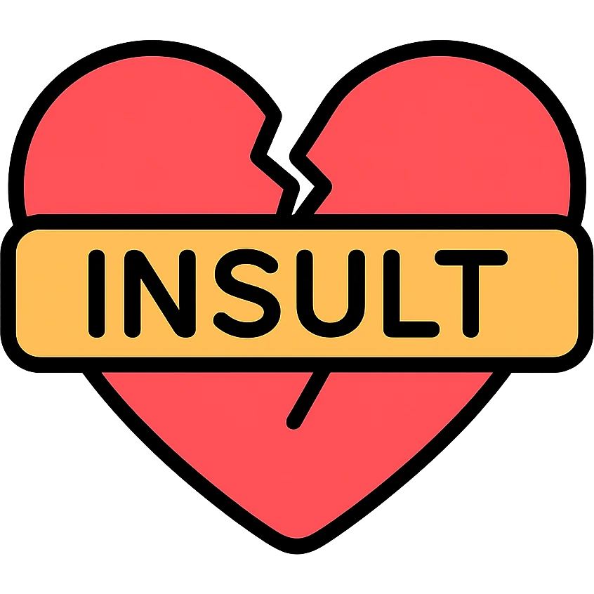 broken heart icon with a crack and the word 'INSULT' across it, colorful emoji