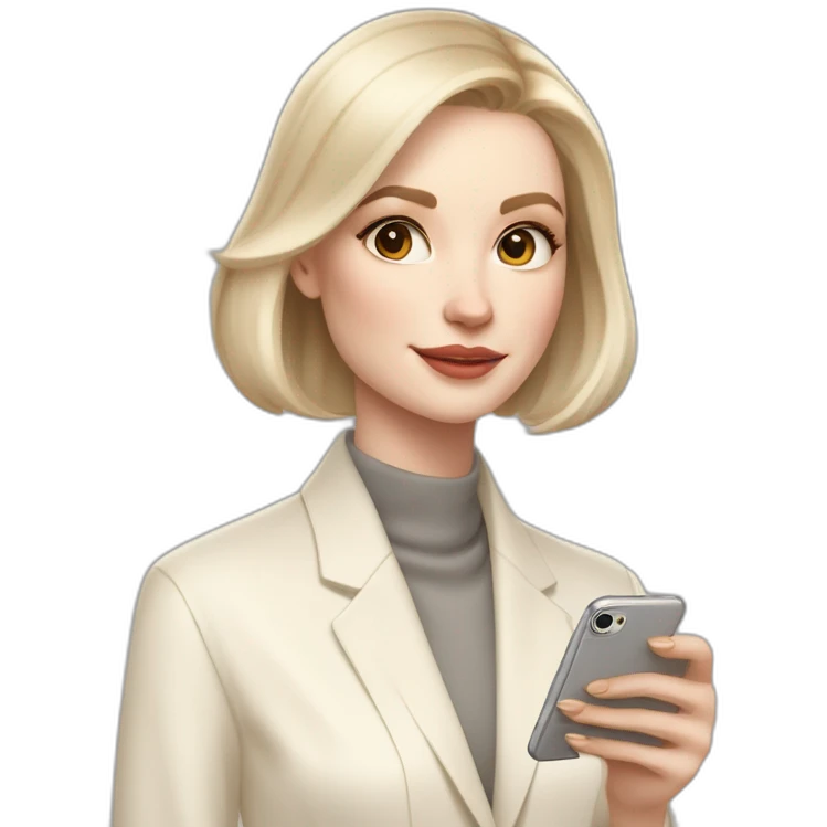 pale skin woman with ash blonde Straightened bob Hair, White Spacious classical jacket, beige palazzo Arrow pants and gray blouse holding white IPhone 15 pro in the hands emoji