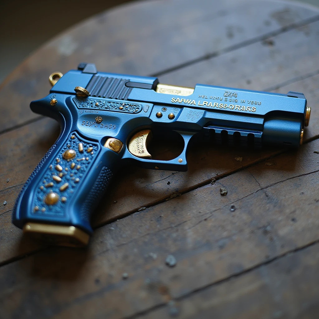 photorealistic blue pistol with gold accents, no heart shapes or motifs, on a white background emoji