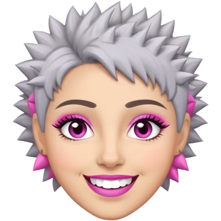 Close-up of Marian Pabón with defined facial structure, light skin with pink undertones, almond eyes with makeup, arched eyebrows, charismatic wide smile, and short spiky gray hair emoji