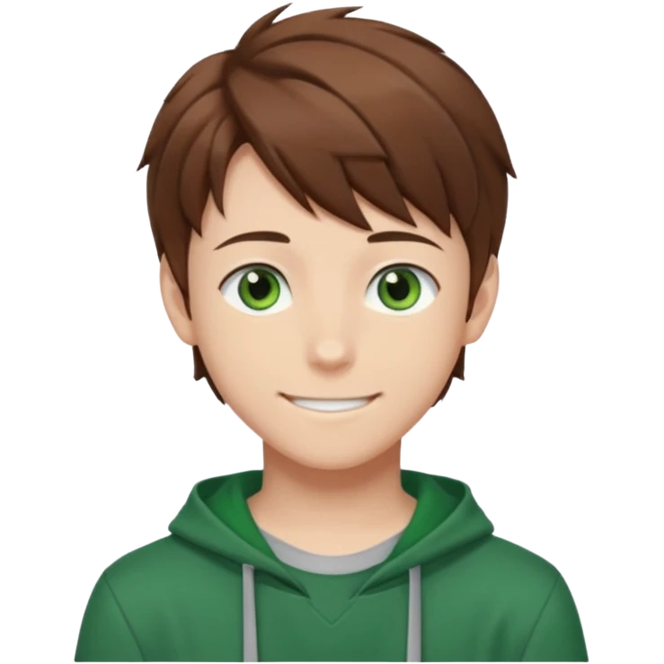 the face of an Anime teen boy with brown hair, green eyes, looking smiling slightly sideways positioned. Face must be main filling of the emoji.  128px emoji