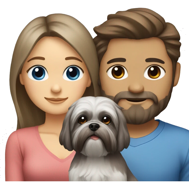 Couple with grey shih tzu dog: girl with blue eyes and boy with brown eyes and beard emoji