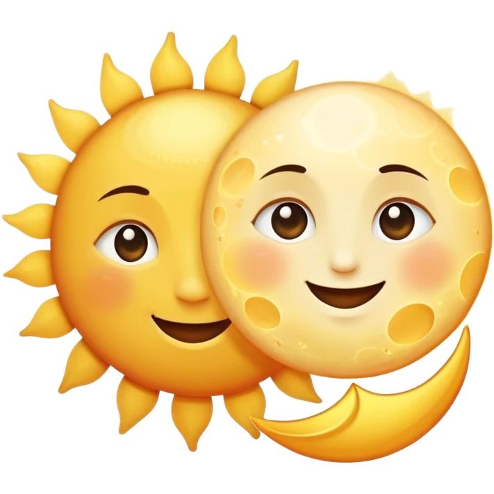 a really bright  big sun and a small moon who shines because of it. the sun is bigger and the tiny \moon bright too beside it smiling looking at each other emoji