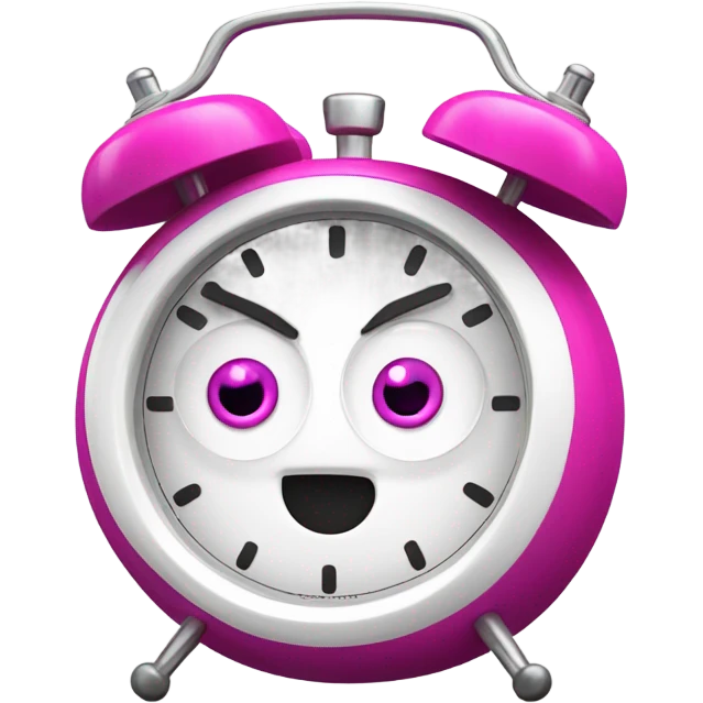 A fucsia alarm clock with eyes and a white dial for a face emoji