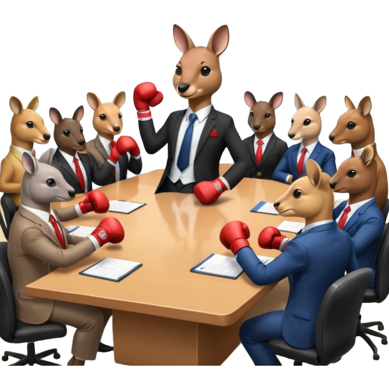 Kangaroo with boxing gloves sitting at a conference table with 7 other people emoji