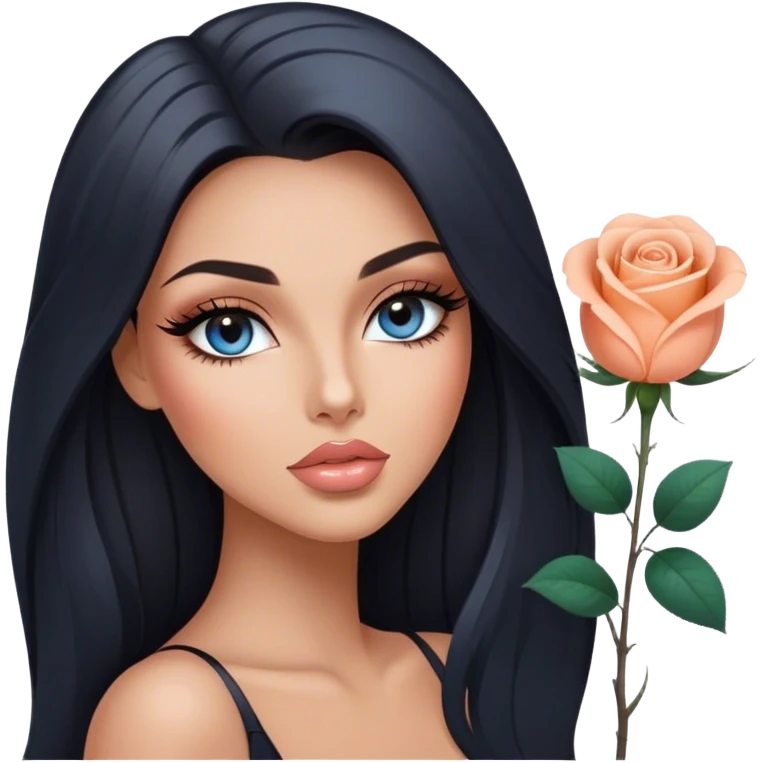 Glamours, tanned, very beautiful girl, with big pump peach-beige-rose lips, long long lashes, black straight smooth silky long hair, straight parting hair, blue-grey eyes emoji
