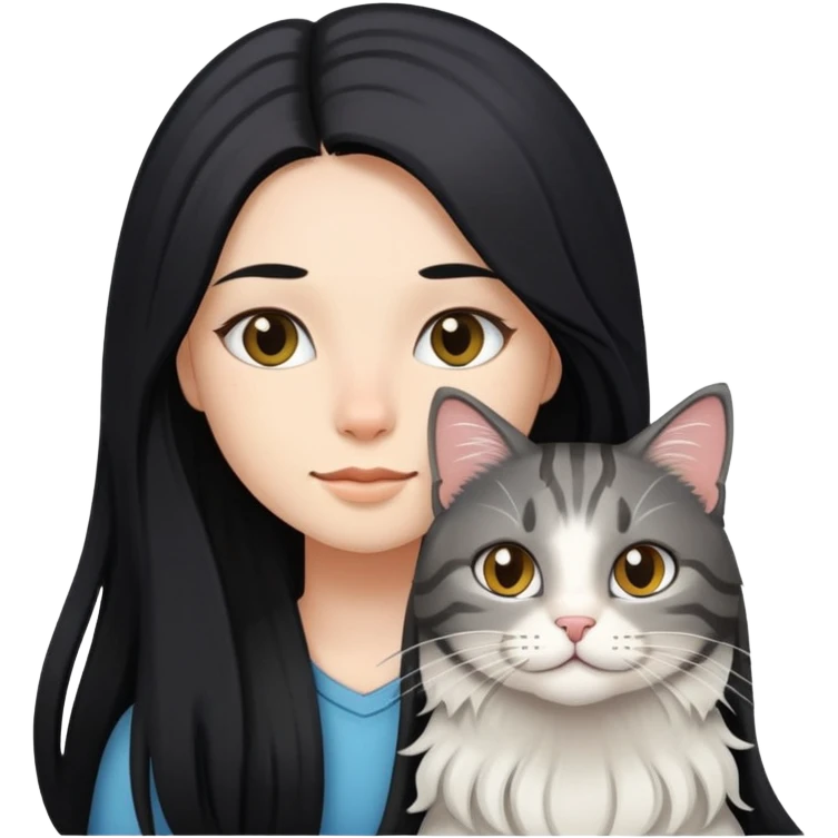 A girl with long black hair and  a long haired tabby cat emoji