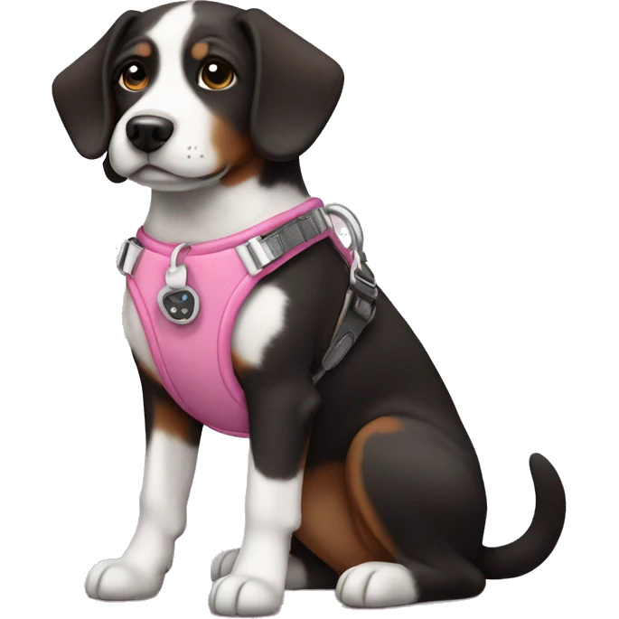 Black white brown dog with pink harness emoji