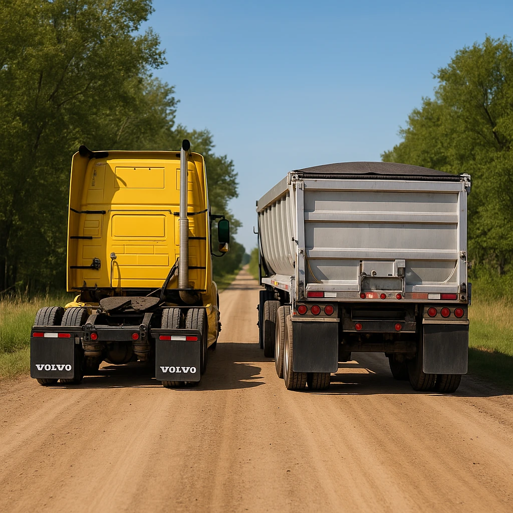 ultra-realistic rear view of a Volvo yellow semi sleeper truck and silver end dump trailer, both in normal position, driving away down a photorealistic dirt road with trees and grass on both sides, blue sky emoji