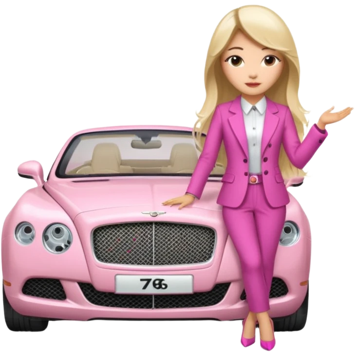 An Asian lady with long Balayage hair with blonde highlights, posing next to a pink Bentley  emoji