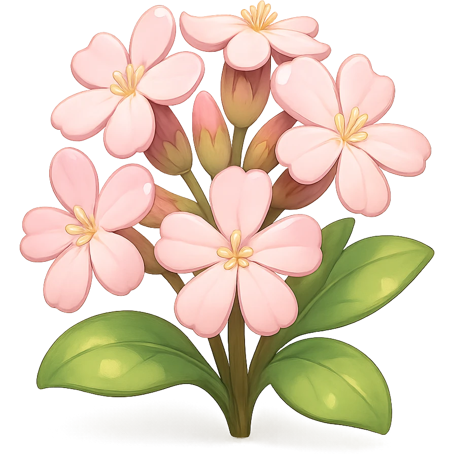 3D iOS-style cartoon soapwort (Saponaria) flowers with exaggerated cute pale pink petals and big green leaves, playful proportions, soft lighting, glossy effect, no background, without a face or smile, in GPT Image style emoji