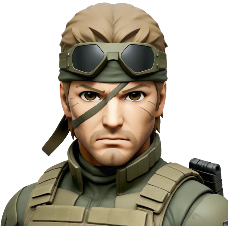 Cinematic Realistic Metal Gear Solid Snake Soldier Portrait, head tilted epicly and inquisitively, showcasing a commanding presence and tactical acumen. His weathered face, intense eyes, and meticulously rendered combat gear in muted earth tones are brought to life with lifelike clarity and dramatic lighting, high shine, epic and awe-inspiring, embodying the covert prowess of a true warrior of the shadows. emoji