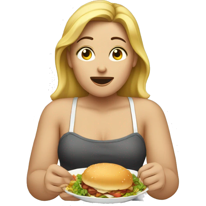 Woman eating food with a fat back emoji
