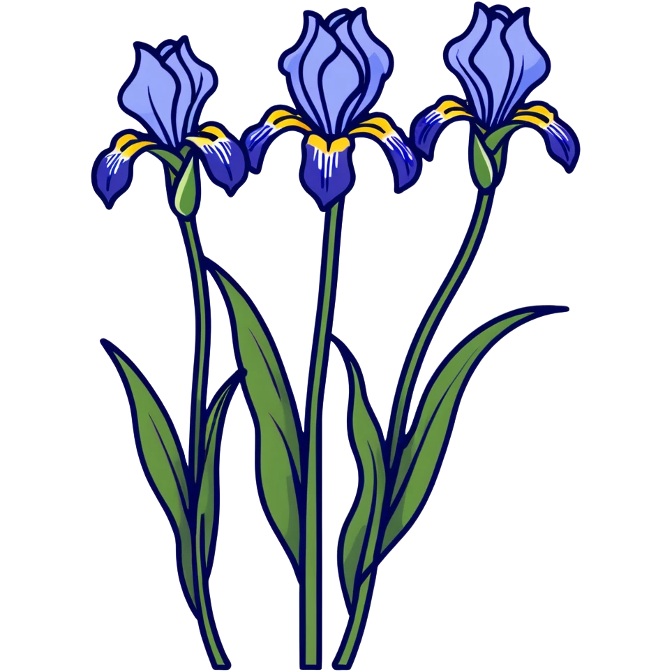 Elegant blue iris flower showing characteristic iris form with three drooping falls and three upright standards, with decorative long leaves emoji