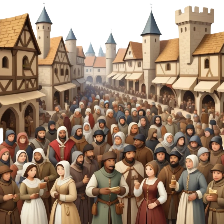 Medieval town crowd scene with many people together, mix of wealthy merchants and common townspeople gathered in a marketplace emoji