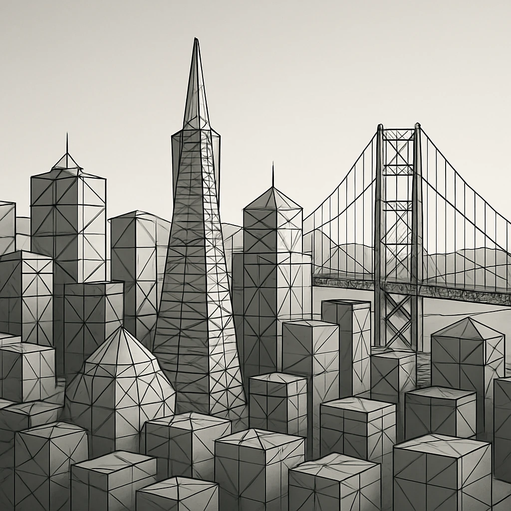 {
  "style_description": {
    "name": "Low Poly Wireframe",
    "overall_look": "Geometric abstraction with visible polygonal mesh edges and a minimal, digital aesthetic",
    "geometry": {
      "shape_type": "triangles and quadrilaterals forming faceted surfaces",
      "structure": "low-resolution polygon meshes with flat faces",
      "edge_visibility": "clear, sharp wireframe outlines around each polygon",
      "dimensionality": "3D-like forms created through flat shading and edge contours"
    },
    "linework": {
      "type": "thin or semi-bold outlines tracing all edges of the mesh",
      "style": "uniform or slightly stylized (e.g., dotted or glowing lines)",
      "color": "typically black, dark gray, or color-matched for contrast"
    },
    "color": {
      "application": "solid flat colors per polygon, without gradients",
      "palette_type": "limited, often monochromatic or with tonal variation per face",
      "highlighting": "minimal shading to emphasize surface depth without realism"
    },
    "lighting": {
      "approach": "ambient or directional lighting used sparingly to add dimension",
      "avoid": ["soft shadows", "complex reflections", "photorealism"]
    },
    "background": {
      "style": "plain or gradient backdrop to contrast mesh clarity",
      "consistency": "flat and neutral to preserve focus on wireframe structure"
    },
    "render_constraints": {
      "avoid": ["smooth surfaces", "rounded curves", "realistic textures"],
      "focus_on": ["polygon edges", "angular forms", "mesh clarity"]
    },
    "subject_treatment": {
      "representation": "simplified, stylized forms with clear geometry",
      "emphasis": "structure, volume through form and edge"
    }
  }
}

{subject} = san francisco emoji