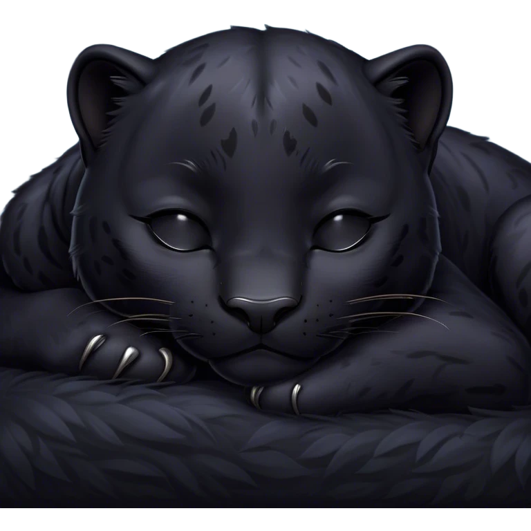 Meme-Worthy cute Sleeping black Panther Portrait Emoji, Head resting peacefully with a contented smile, showcasing a luxuriously sleek form and eyes gently closed in serene slumber, Simplified yet comically adorable features, highly detailed, glowing with a soft, drowsy dark light, high shine, relaxed and utterly lovable, stylized with an air of playful laziness, bright and heartwarming, soft glowing outline, capturing the essence of a sleeping black Panther that feels destined to become the next viral icon of adorable rest! emoji