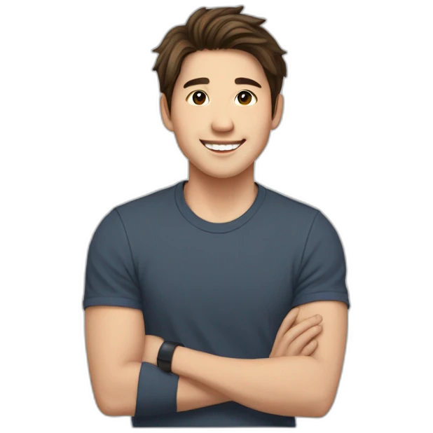 guy with brown hair, medium length hair, in his 20s, asian, smiling, t-shirt, shoulder emoji