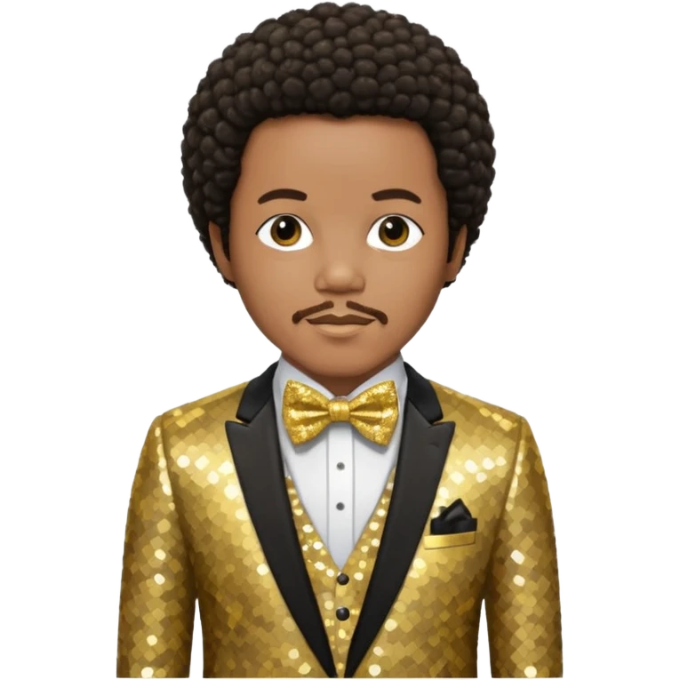 Quincy Jones with dark brown short afro hair, gold sequin suit with bow tie  emoji