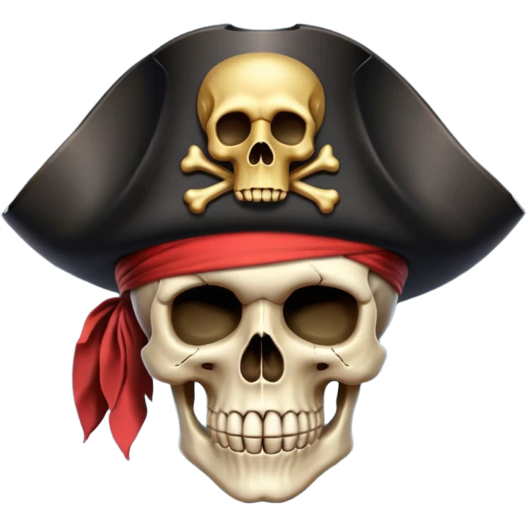 pirate hat object icon, black tricorn hat, skull symbol (no text), 3D cartoon, mobile game icon style, centered, clean background, no text, no watermark
 emoji