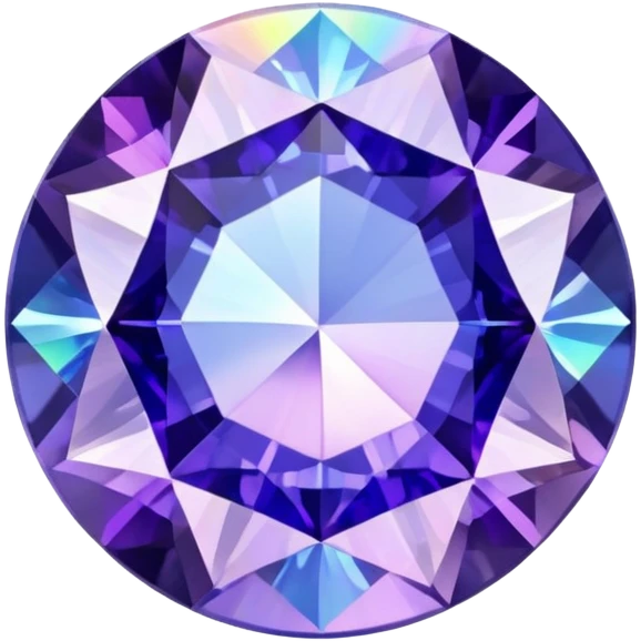 Precision round cut tanzanite with lavender-blue color flash and holographic rainbow effect emoji