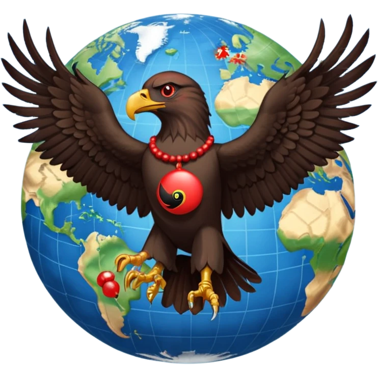 Fully black eagle with red mala bead necklace, the eagle's head facing the left with a single eye visible, wings spread full length, standing over an earth emoji with the African continent centered on the earth emoji. Replace the eye of the eagle with a Japanese Yen currency symbol. emoji