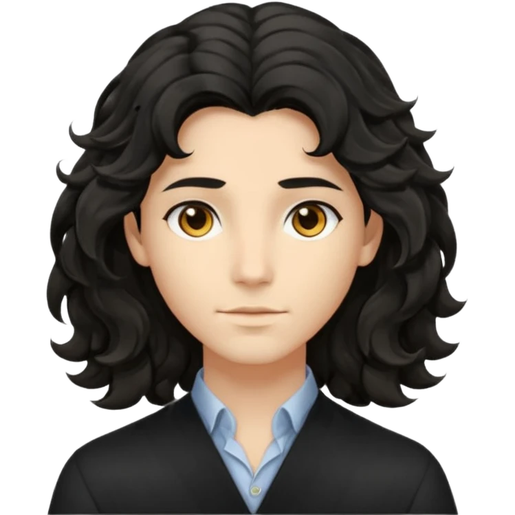 his avatar has shoulder-length black wavy hair with loose curls framing the face, and a long, pointed face with golden-brown eyes and a calm, neutral expression. emoji