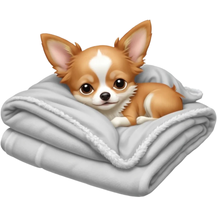 Long haired chihuahua, beige/redhaired, pale head, with white chest and white socks, head without white, sleeping cutely under blanket emoji