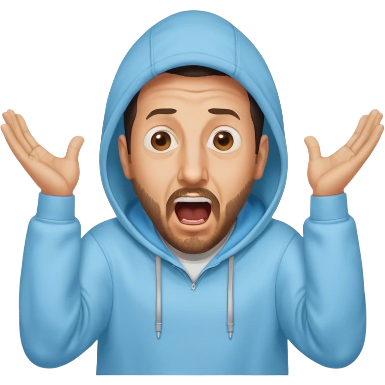 Adam Sandler with a beard in a baby blue hoodie, the hood on, screaming with the arms wide spread like ‘i don’t know’ emoji