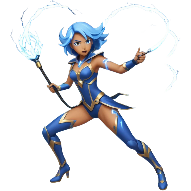 android woman in a dynamic attacking pose swinging a blue lightning whip, smooth clean simple style like Apple emoji emoji