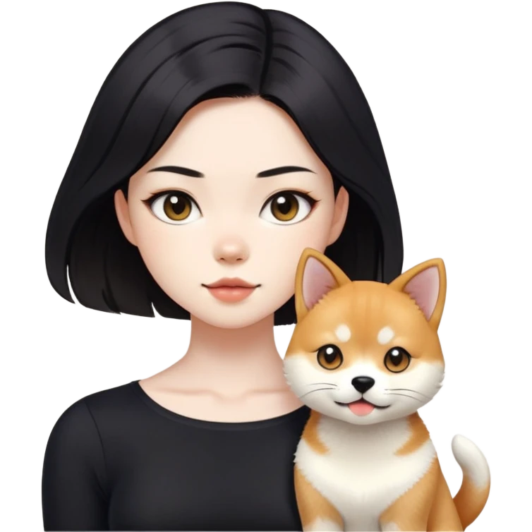 girl with black shoulder-length hair wearing a black tight-fitting top with a calico cat with white mouth and a shiba inu dog emoji