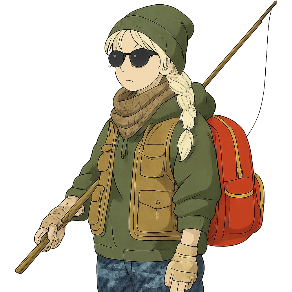 1 female, long white braid, knit cap, dark sunglasses, shemegh neckwrap, fishing vest, vibrant shool backpack, drab hoodie, handwraps, blue camo pants, holding a wooden stick fishing pole, unkempt, stoic emoji