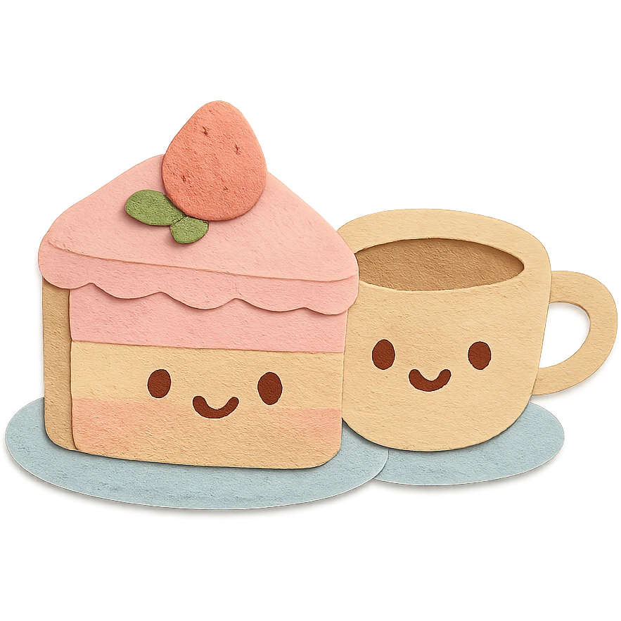 small hand-drawn cake with coffee cup beside, soft pastel kawaii style emoji