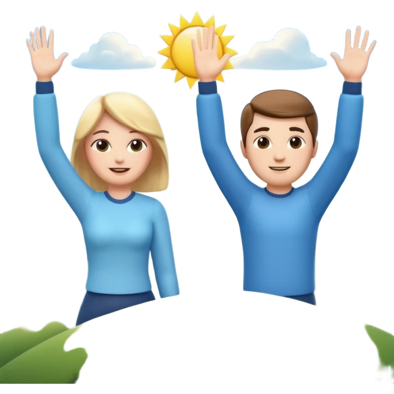 A 3D cartoon couple on top of a hill raising hands in victory, sunny sky and nature background, Memoji-style. emoji