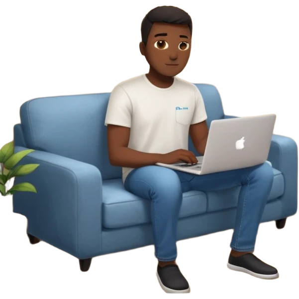 Père noël développeur de teint noir, assis dans un coin cosy de son salon un week-end, ordinateur portable ouvert affichant du code. Lumière naturelle douce, ambiance calme. Habillé simplement (t-shirt clair, jean ou short), tasse de café/thé à côté. emoji