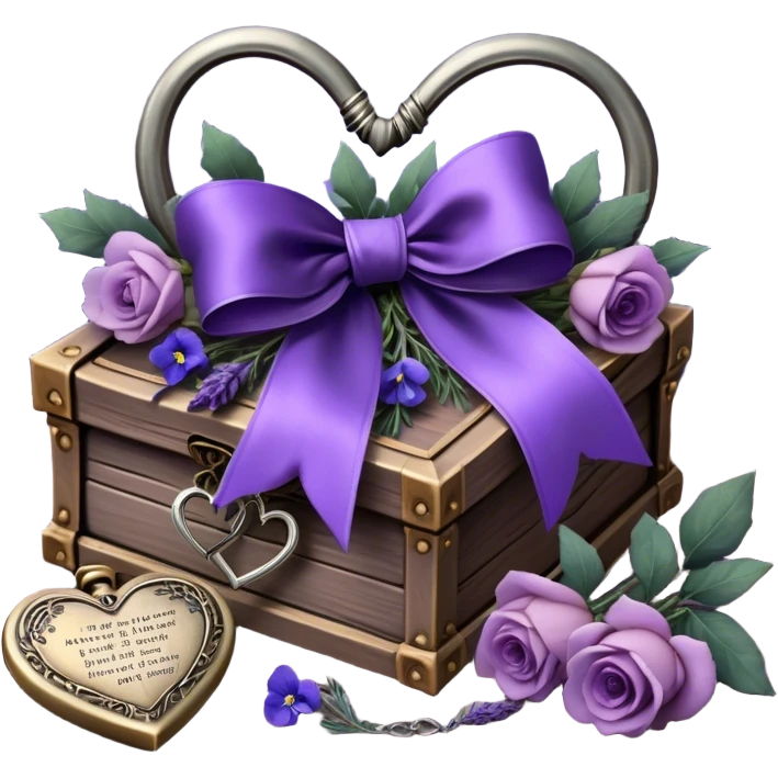 A midnight purple silk bow wraps around a bundle of wilted lavender sprigs, velvety pansies, and blush-violet roses, resting on an aged wooden table. Nearby, an antique silver locket shaped like a heart, engraved with tiny celestial stars, glistens faintly under the dim candlelight. emoji