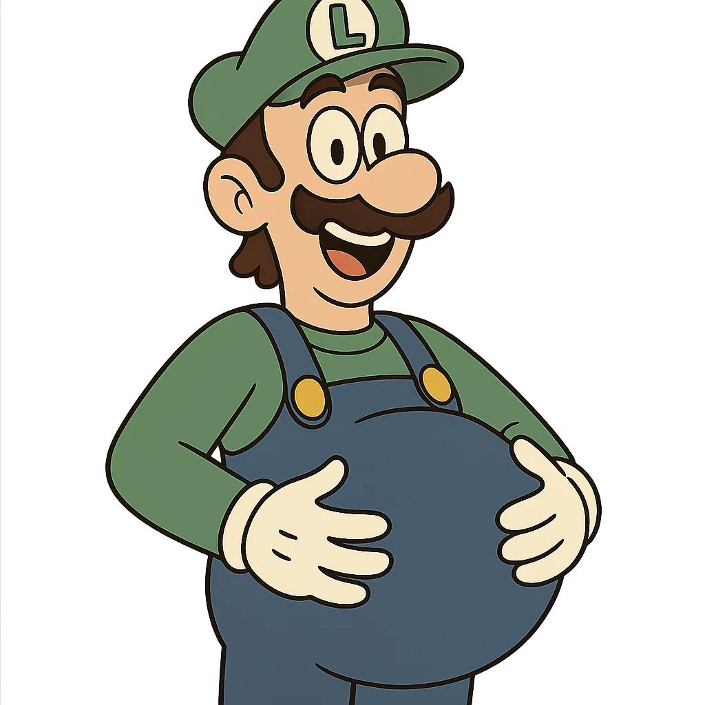 Luigi from Mario, pregnant, hands on belly, cheerful, cartoon style emoji