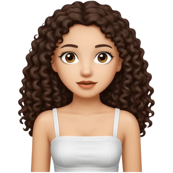 Woman with light skin and dark brown eyes and dark brown long curly hair and white tube top emoji
