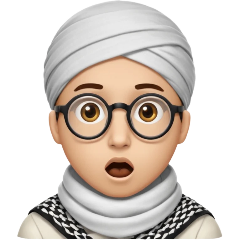 A person with light skin tone, wearing a traditional white keffiyeh with a black agal, large brown eyes, round glasses, and an open mouth showing a surprised or shocked expression. emoji